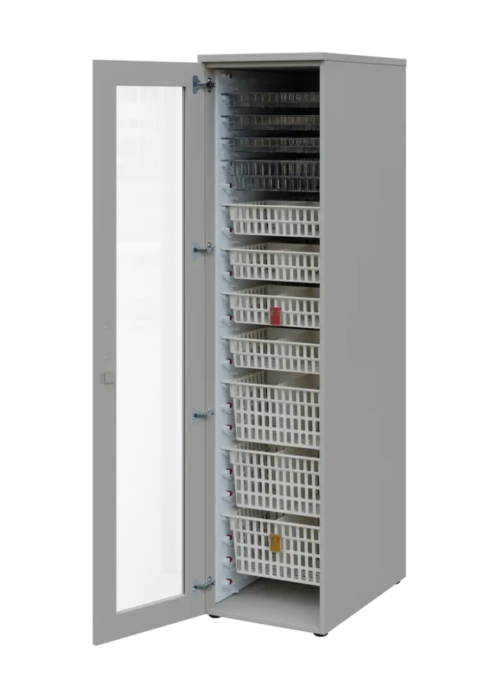 EUROMEDICA S - 46 skříň léková boxová, 1-dveřová/prosklená, levá, 1950x460x735, korpus šedý, dvířka šedá